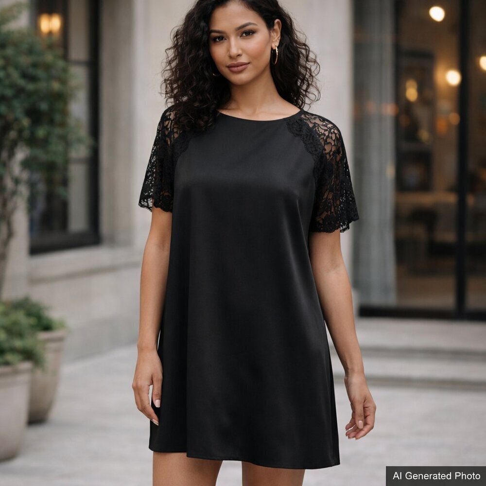 Lucky Brand Black Lace Sleeve Boxy Mini Shirt Dress Silky Satin Small NWT